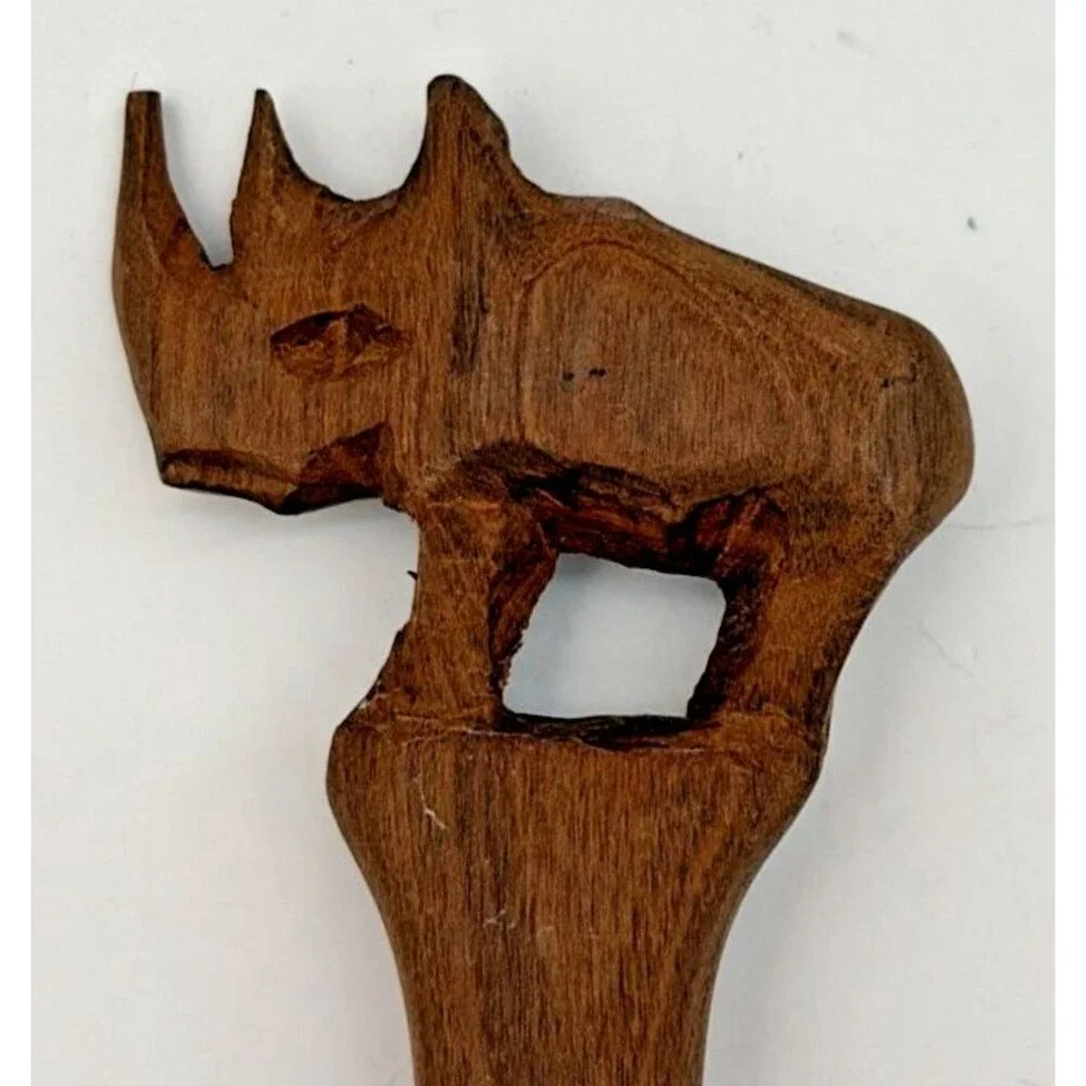 Vintage Hand Carved African Wood Rhinoceros Salad Server Set Black & White Rhino